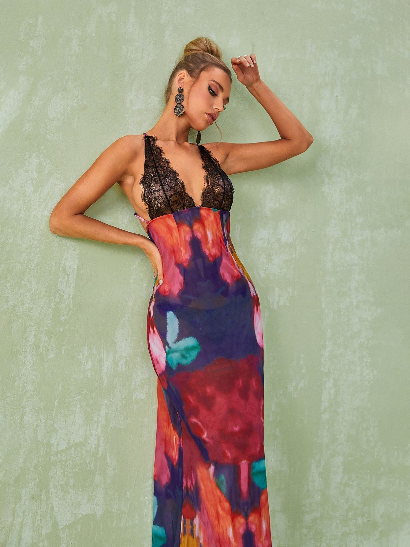 Svea Lace Floral Printed Maxi Dress In Red