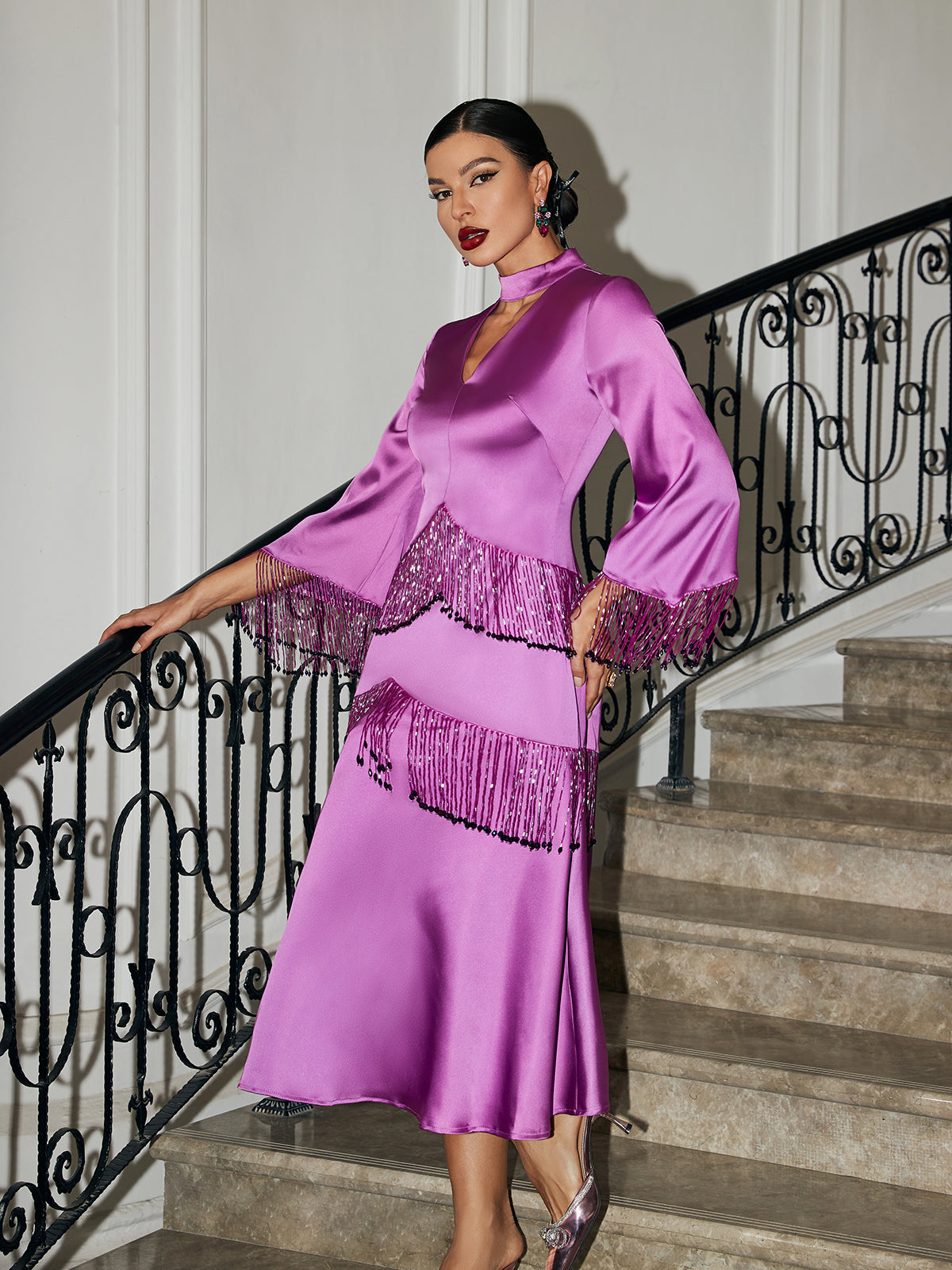 Thandie Glitter Fringe Satin Dress