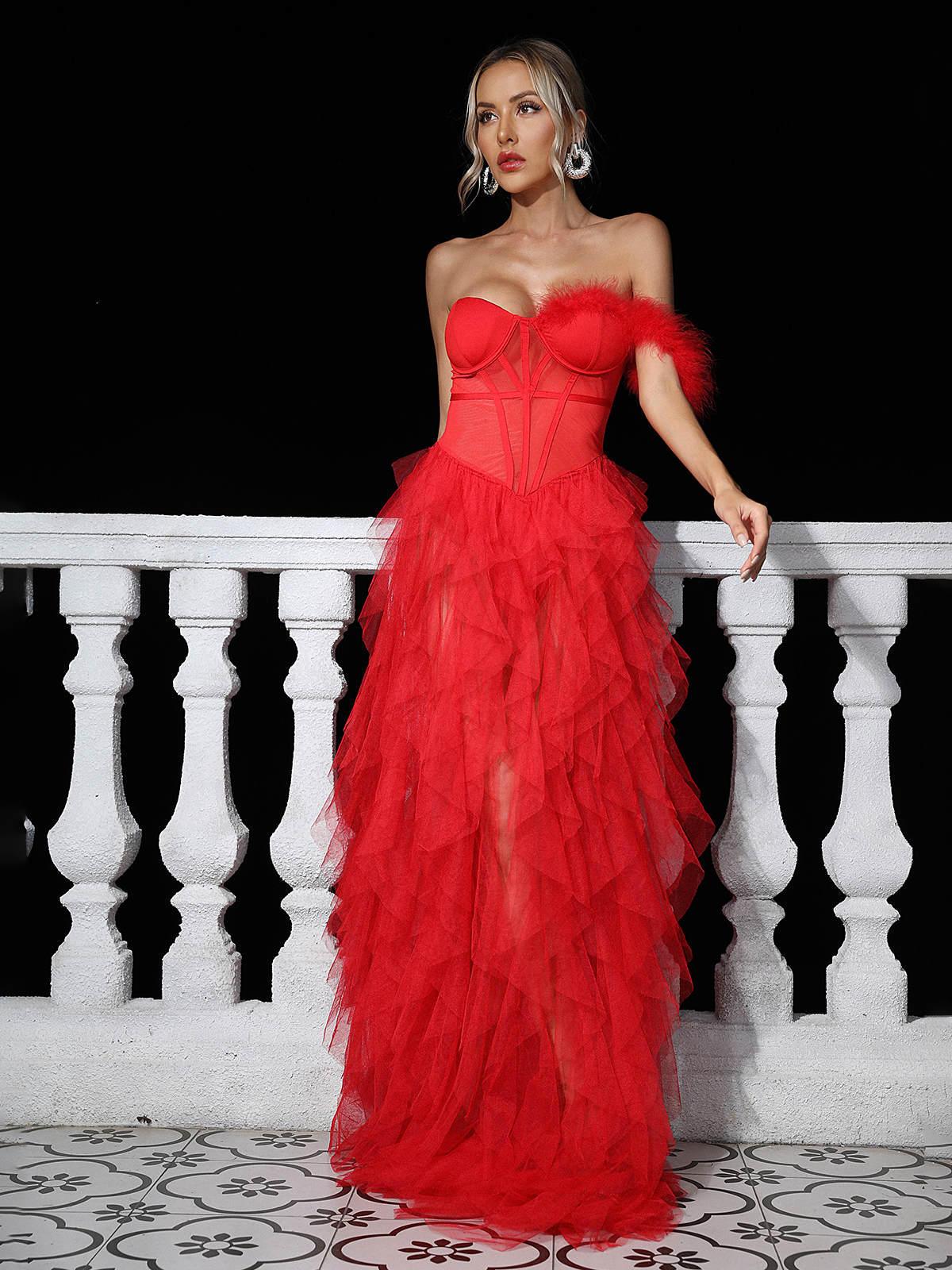 Titania One Shoulder Tulle Maxi Dress In Red - Mew Mews Fashion