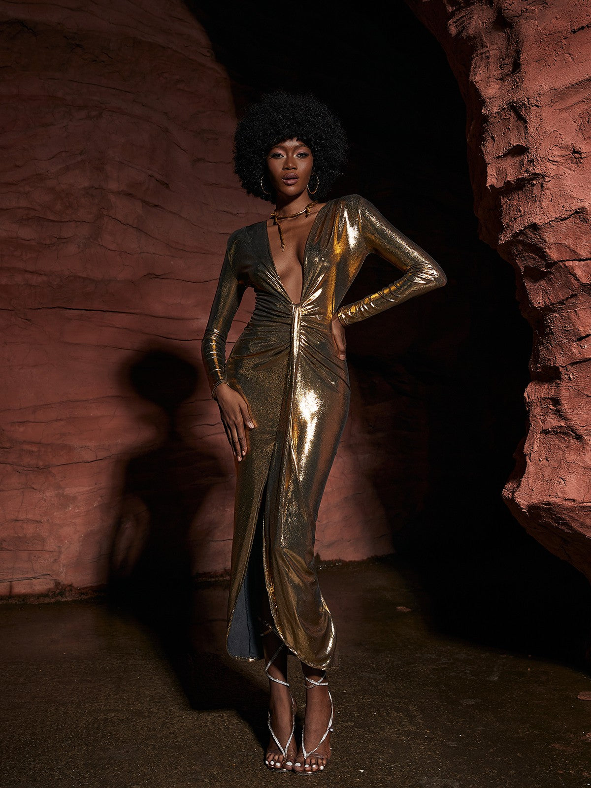 Tressie V Neck Metallic Dress In Gold