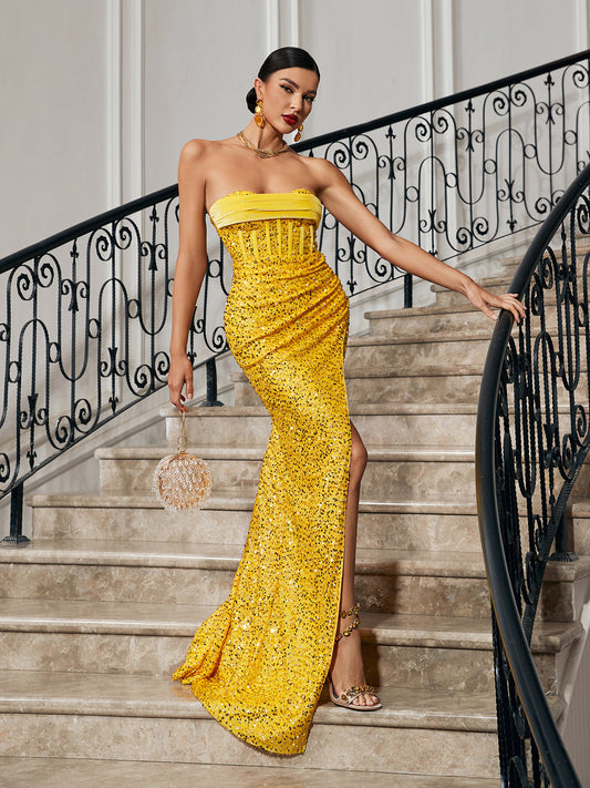 Trish Strapless Sequin Split Maxi Dress