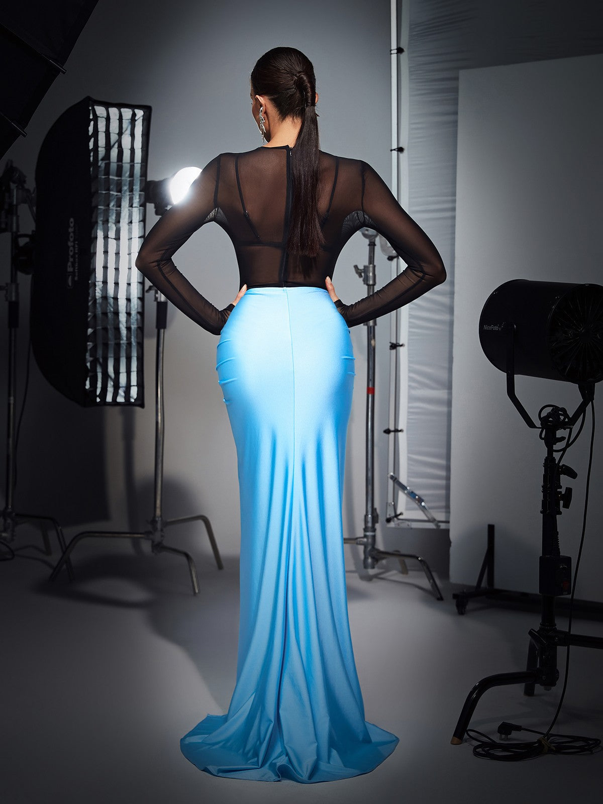 Tyndall Ruched Split Satin Skirt Set In Sky