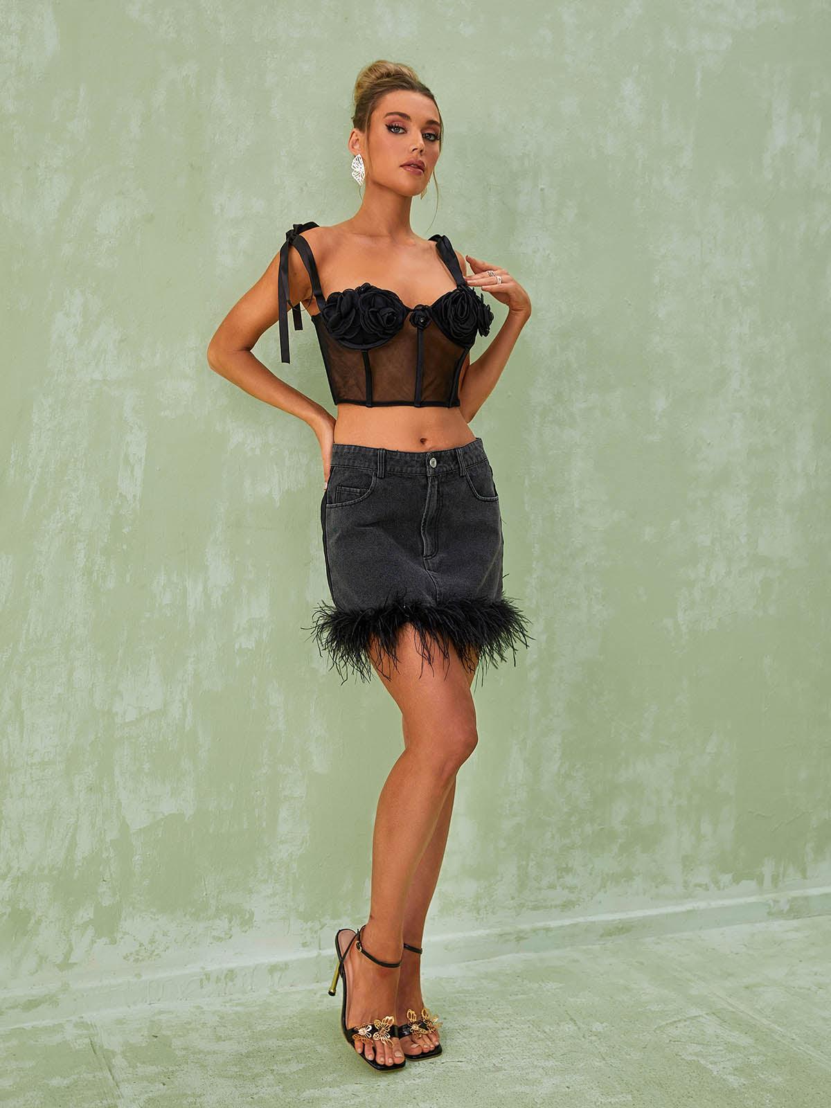 Vanille Feather Denim Mini Skirt - Mew Mews Fashion