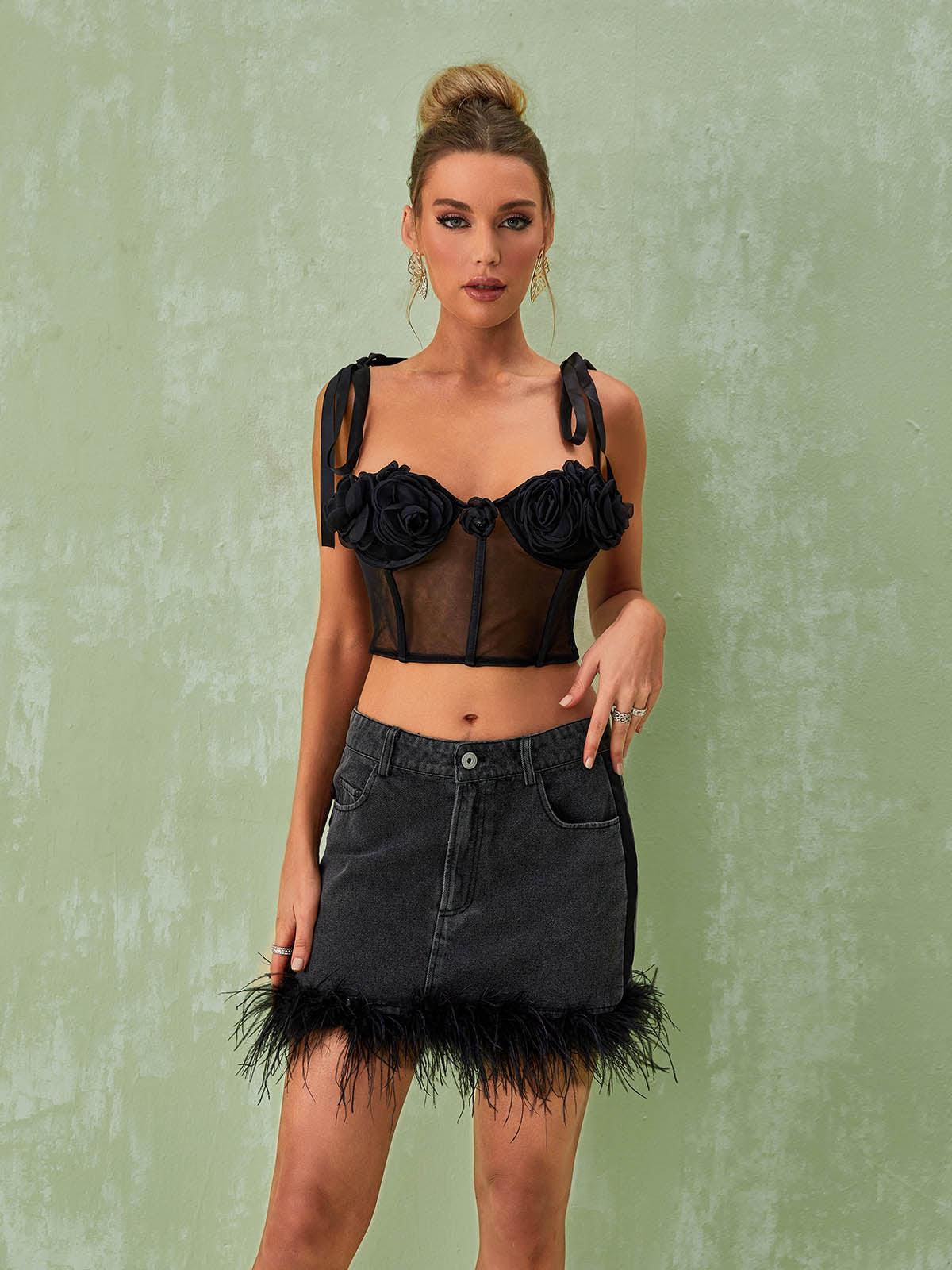 Vanille Feather Denim Mini Skirt - Mew Mews Fashion