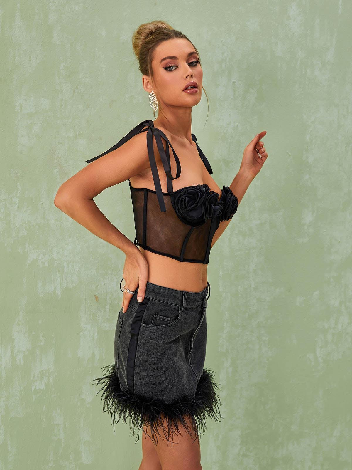 Vanille Feather Denim Mini Skirt - Mew Mews Fashion