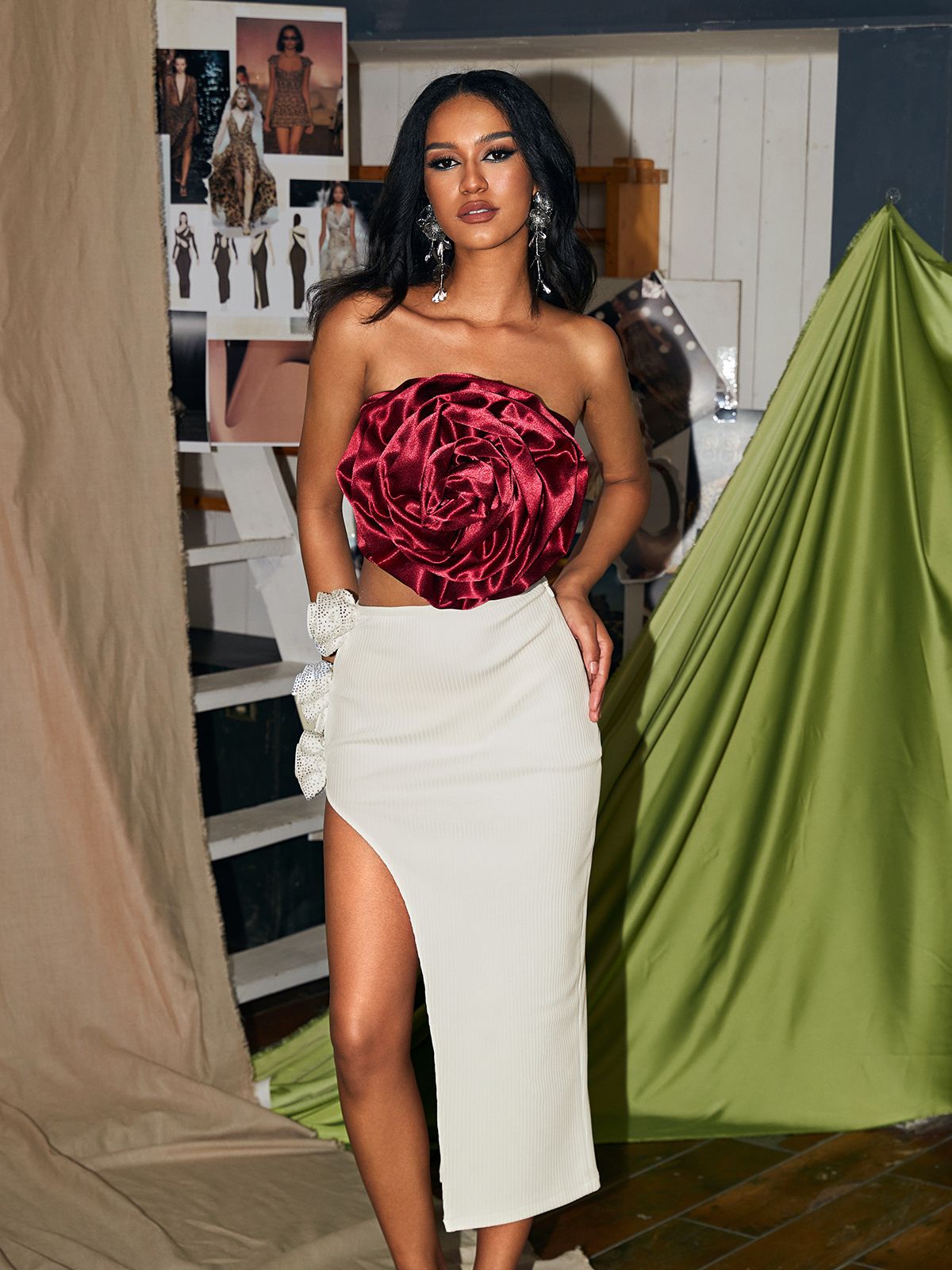 Wells Satin Ruched Red Flower Top