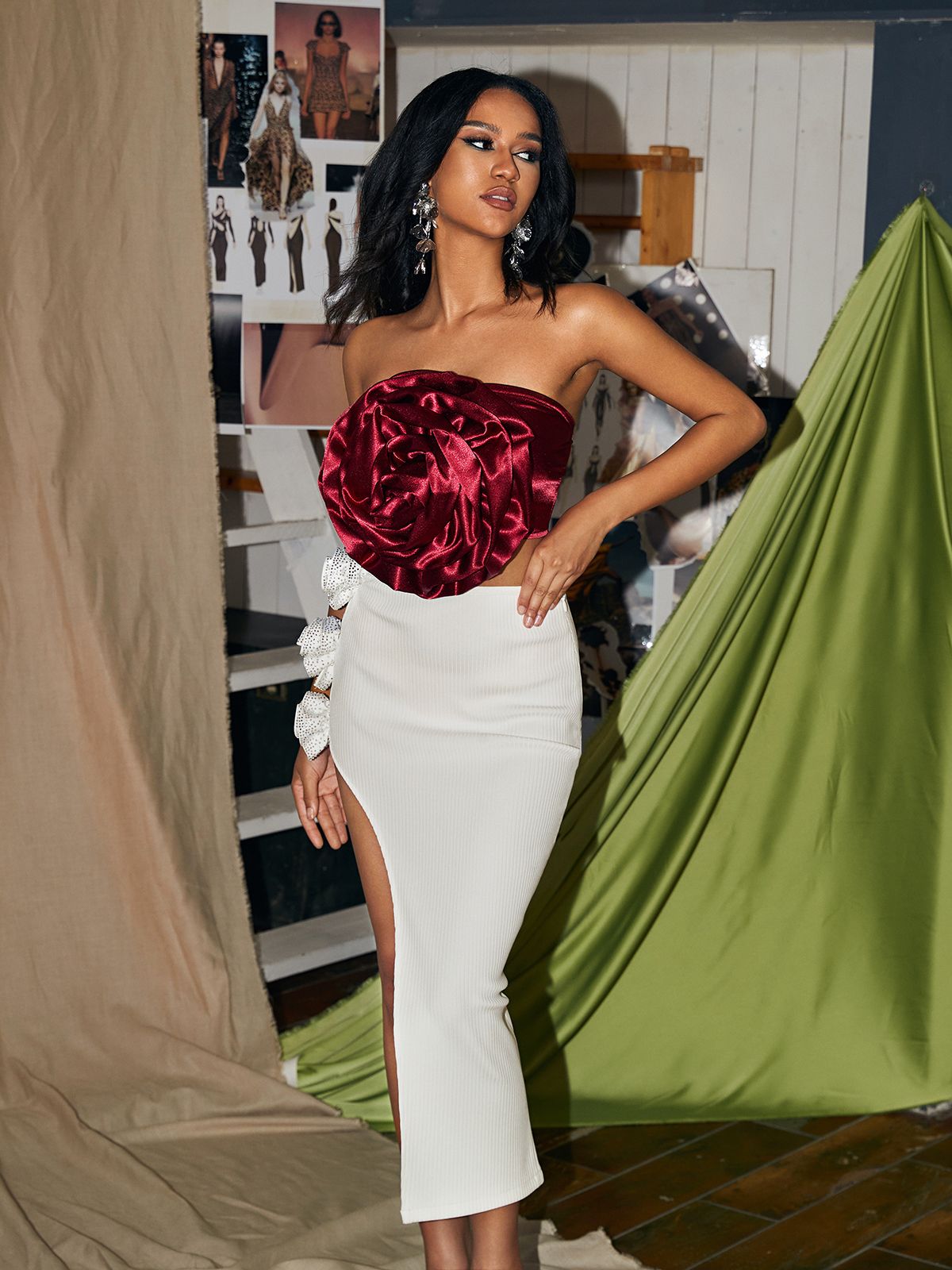 Wells Satin Ruched Red Flower Top