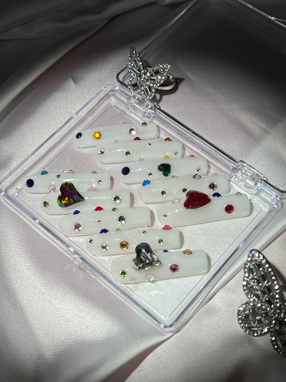 White Heart Crystal Coffin Handmade Press On Nails
