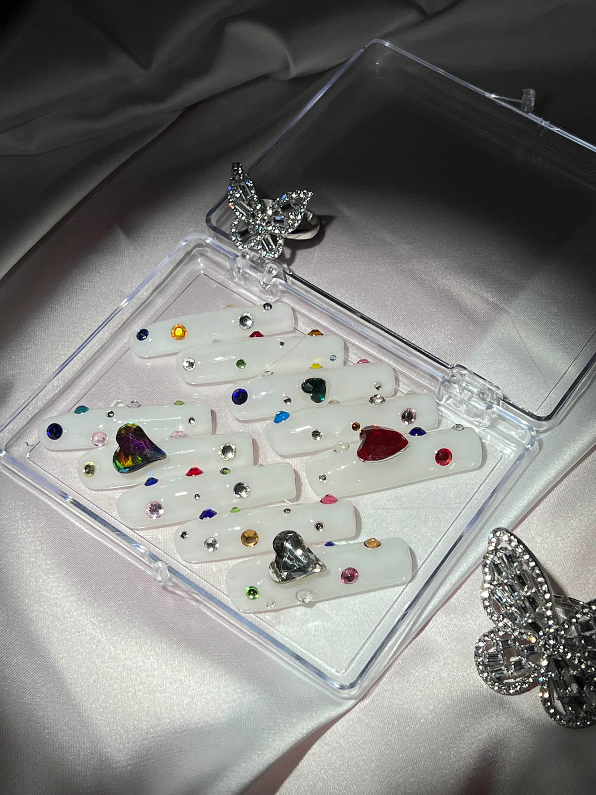 White Heart Crystal Coffin Handmade Press On Nails