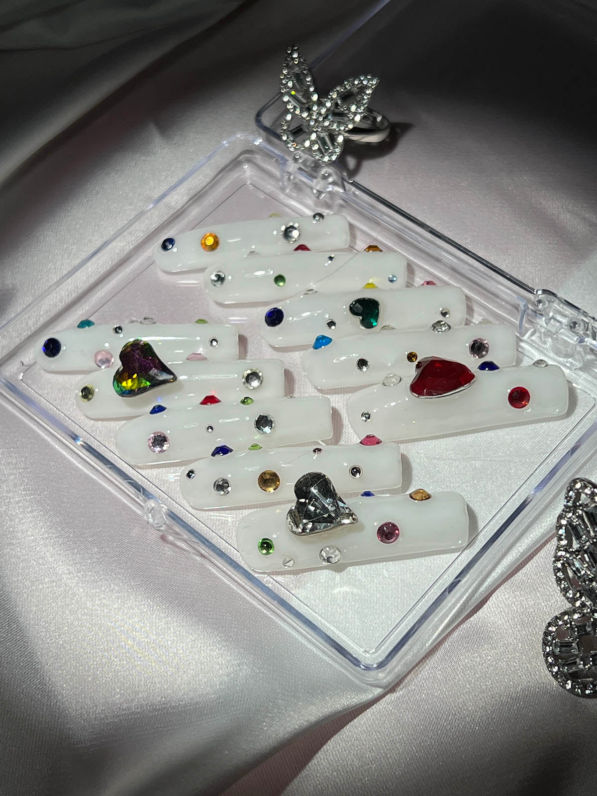 White Heart Crystal Coffin Handmade Press On Nails