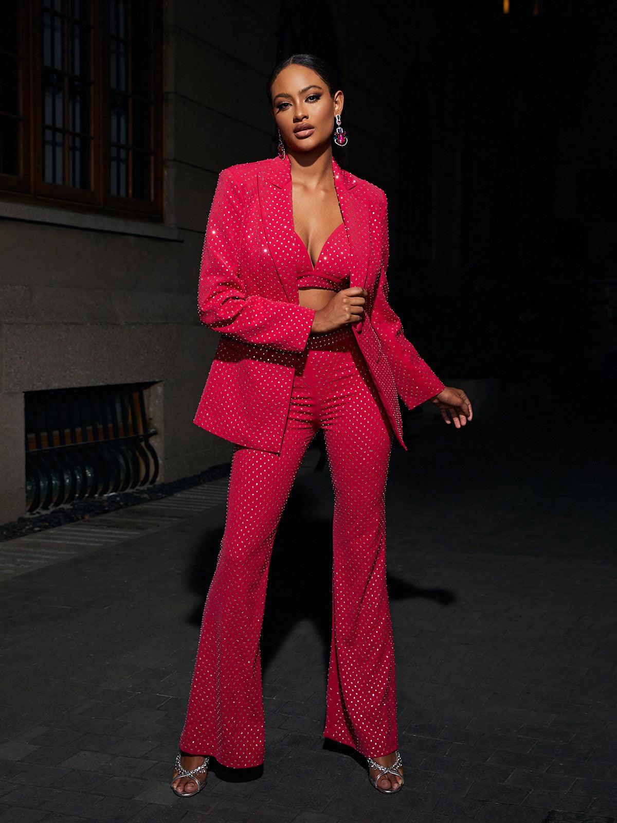 Whitley Embellished Blazer Three Piece Set In Hot Pink - Mew Mews Fashion