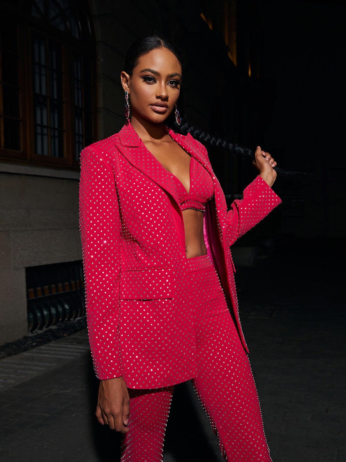 Whitley Embellished Blazer Three Piece Set In Hot Pink - Mew Mews Fashion