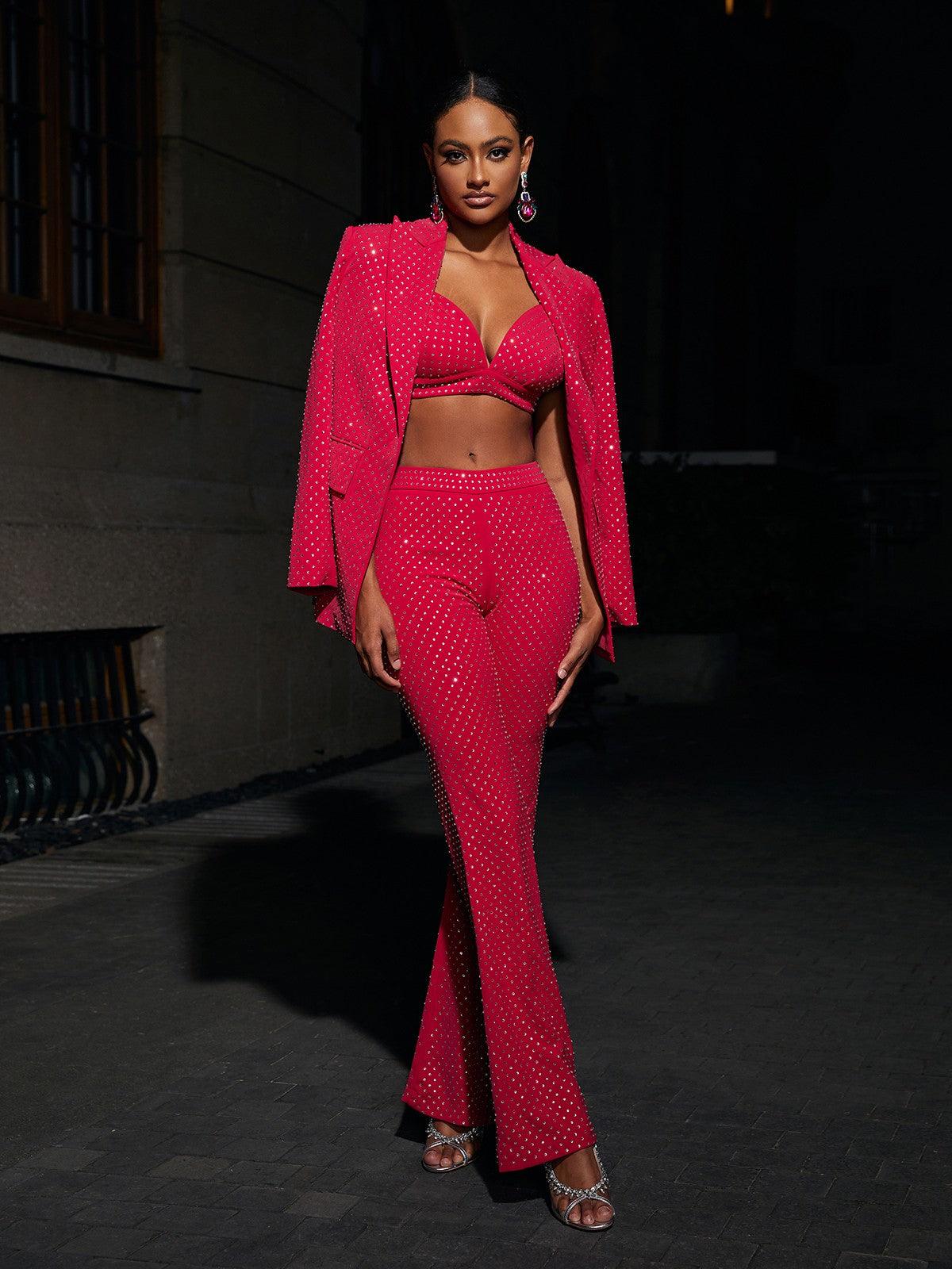 Whitley Embellished Blazer Three Piece Set In Hot Pink - Mew Mews Fashion
