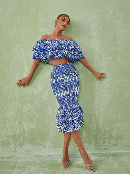 Wisteria Ruffle Off Shoulder Hollow Set In Blue - Mew Mews Fashion