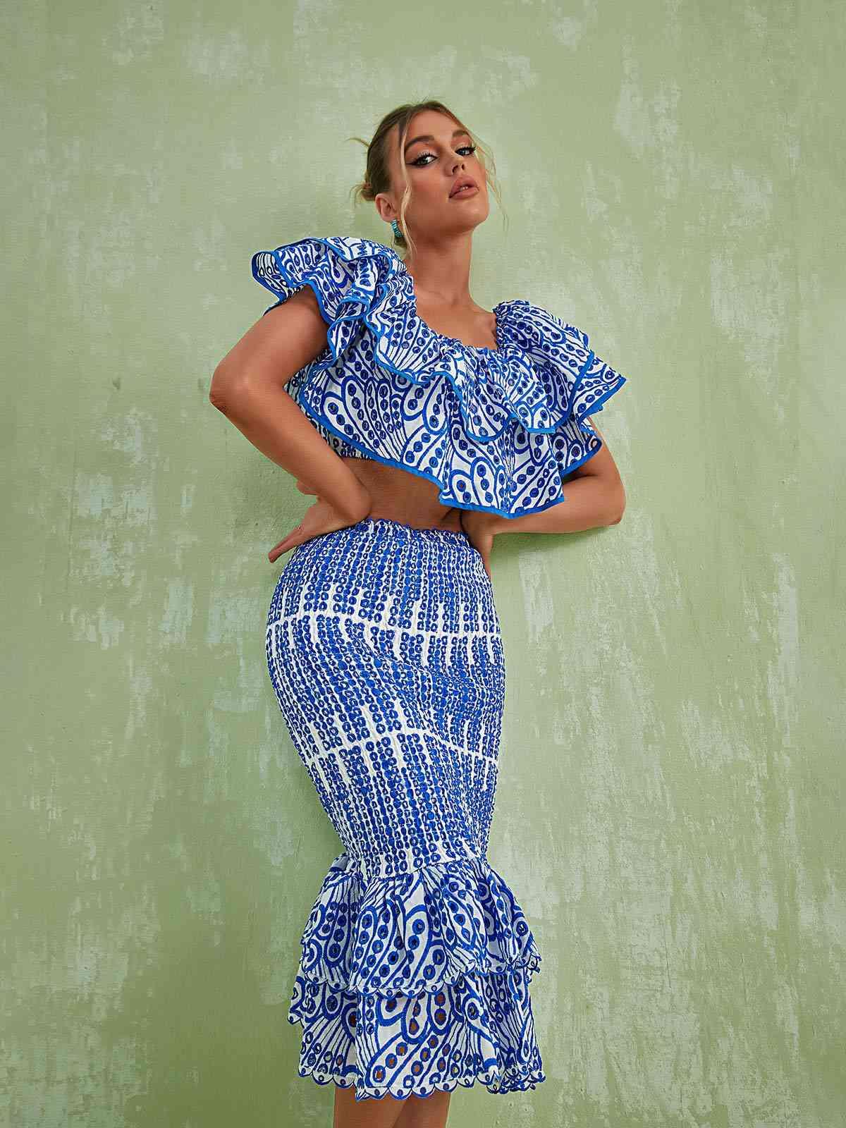 Wisteria Ruffle Off Shoulder Hollow Set In Blue - Mew Mews Fashion