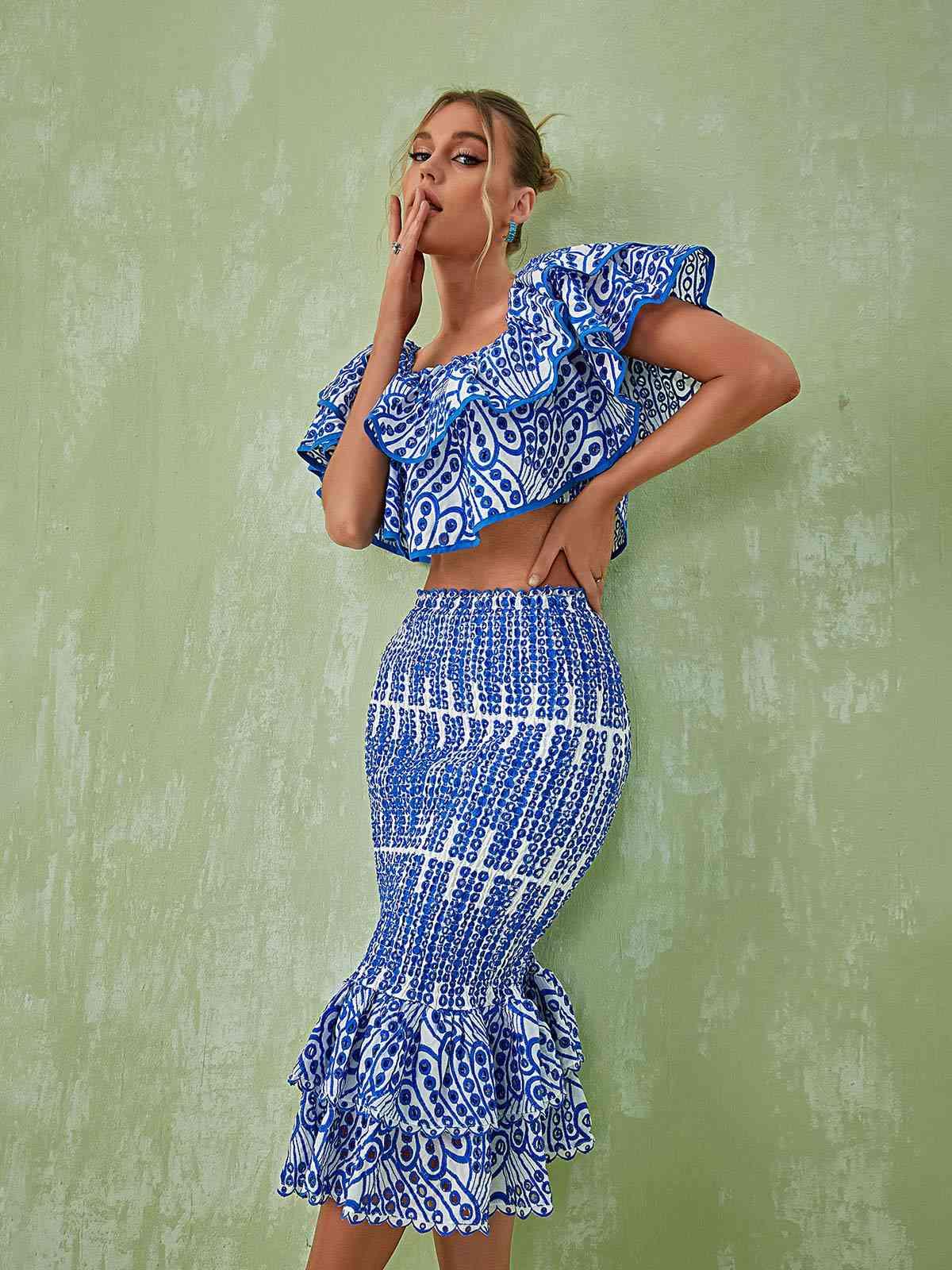 Wisteria Ruffle Off Shoulder Hollow Set In Blue - Mew Mews Fashion
