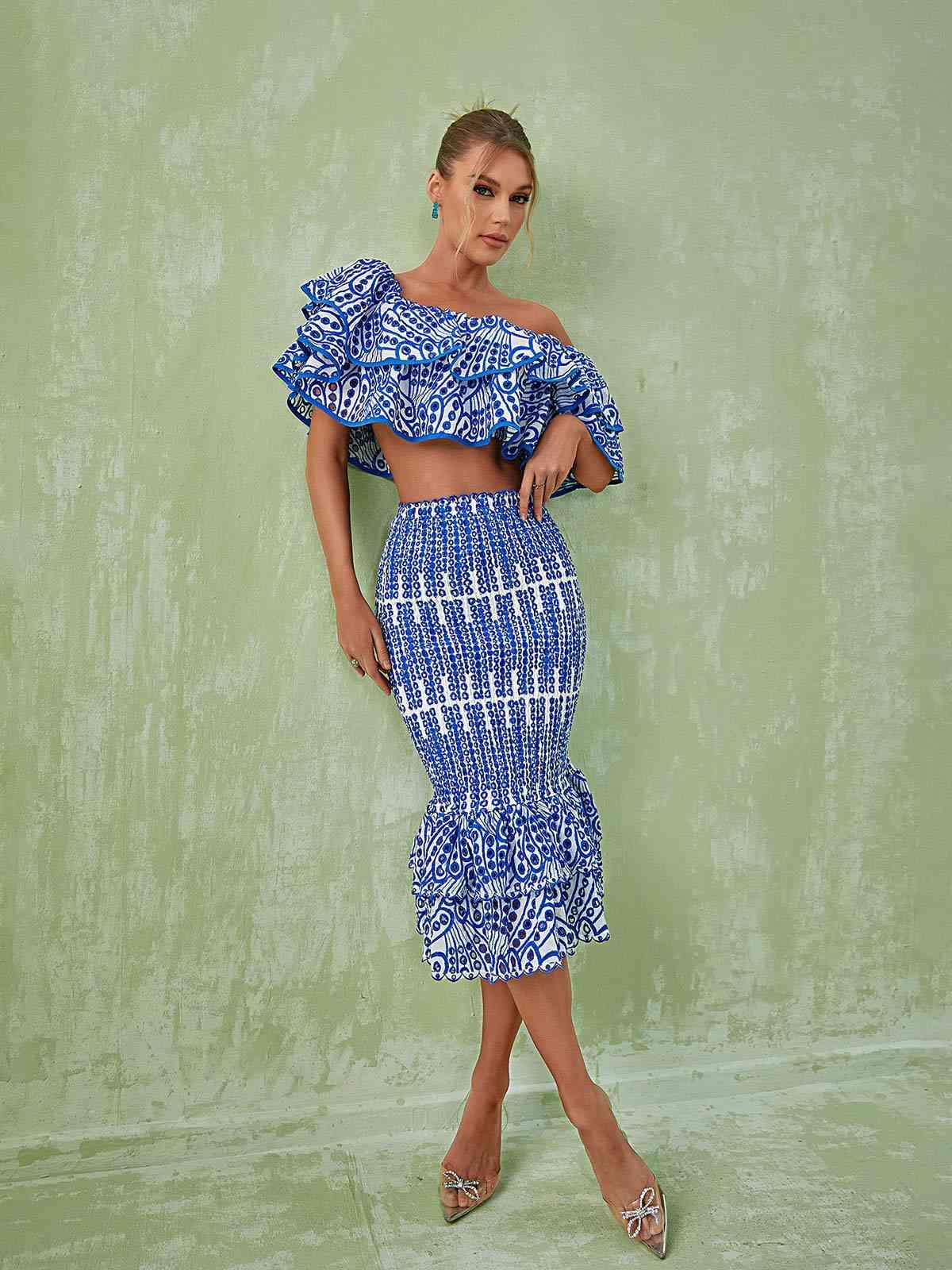 Wisteria Ruffle Off Shoulder Hollow Set In Blue - Mew Mews Fashion