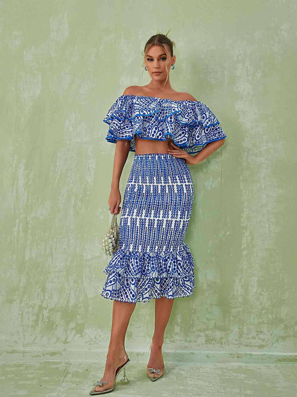 Wisteria Ruffle Off Shoulder Hollow Set In Blue - Mew Mews Fashion