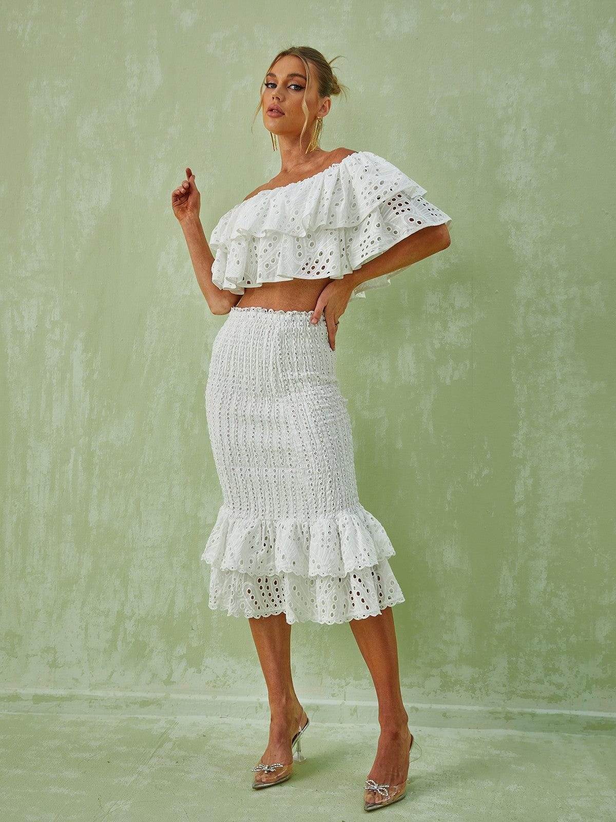 Wisteria Ruffle Off Shoulder Hollow Set In White - Mew Mews Fashion