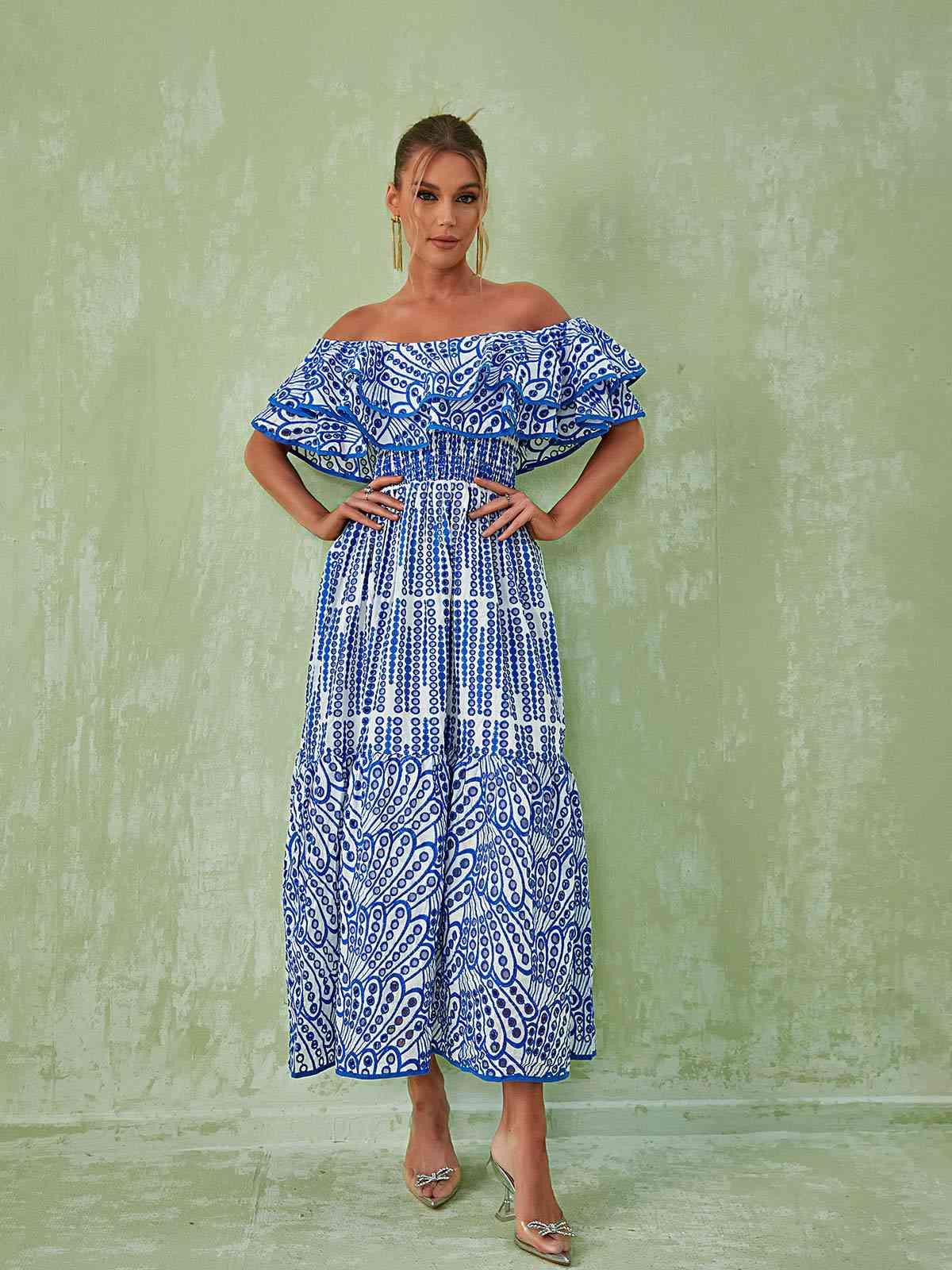 Soleil Off Shoulder Hollow Maxi Dress In Blue - Mew Mews Fashion