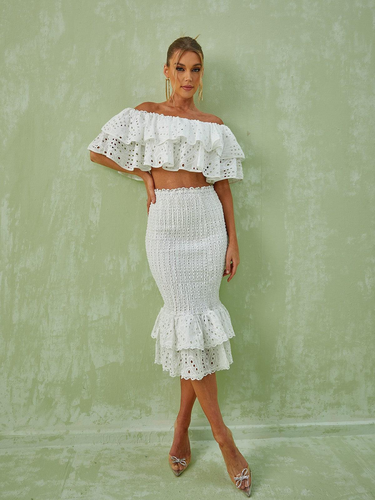 Wisteria Ruffle Off Shoulder Hollow Set In White - Mew Mews Fashion