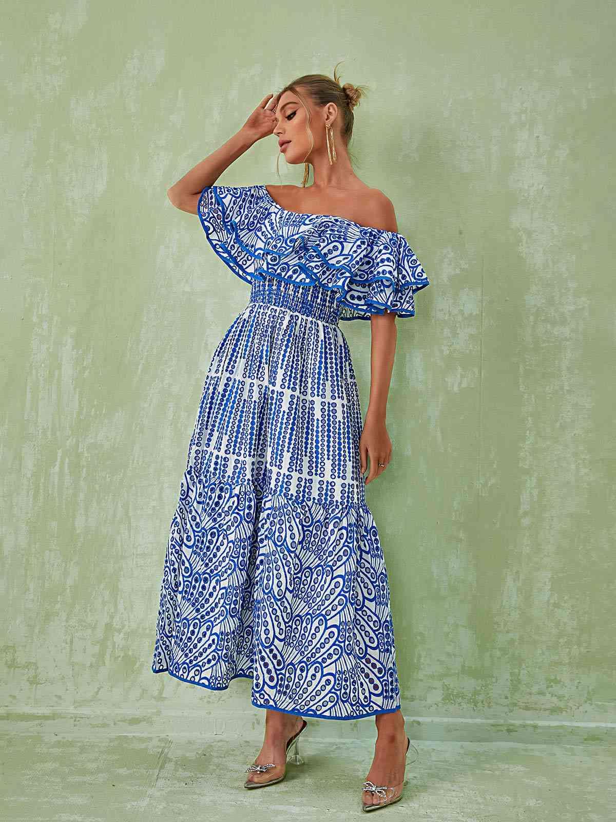 Soleil Off Shoulder Hollow Maxi Dress In Blue - Mew Mews Fashion