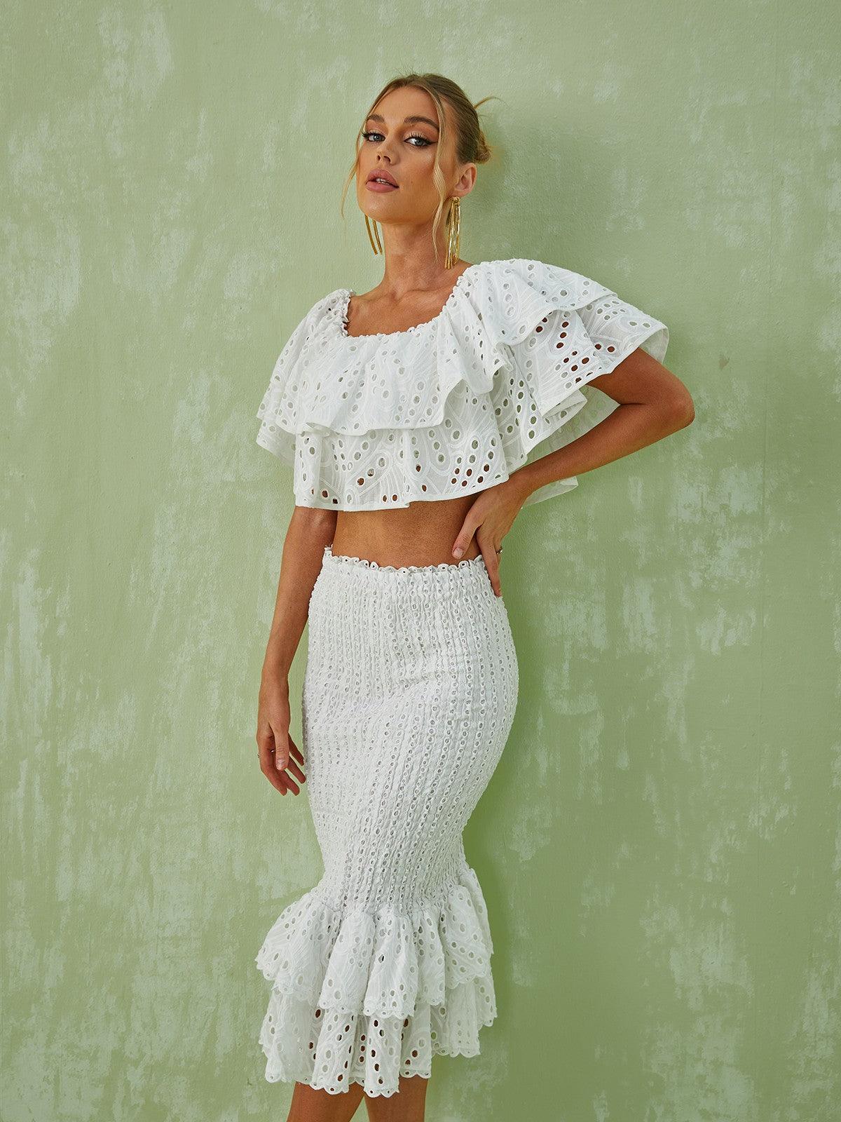 Wisteria Ruffle Off Shoulder Hollow Set In White - Mew Mews Fashion