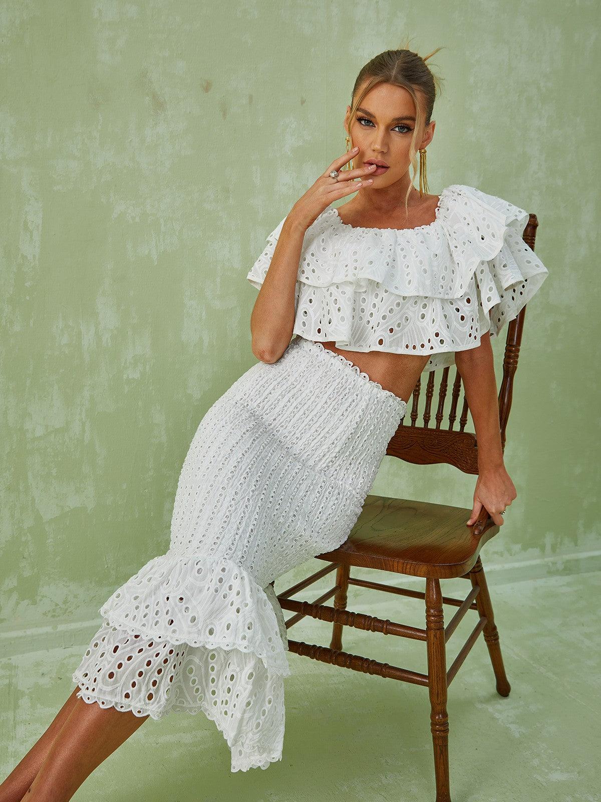 Wisteria Ruffle Off Shoulder Hollow Set In White - Mew Mews Fashion