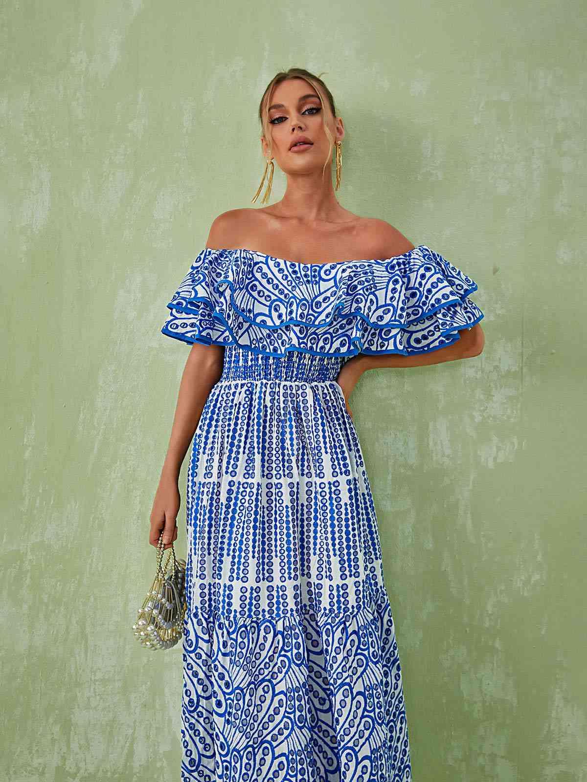Soleil Off Shoulder Hollow Maxi Dress In Blue - Mew Mews Fashion