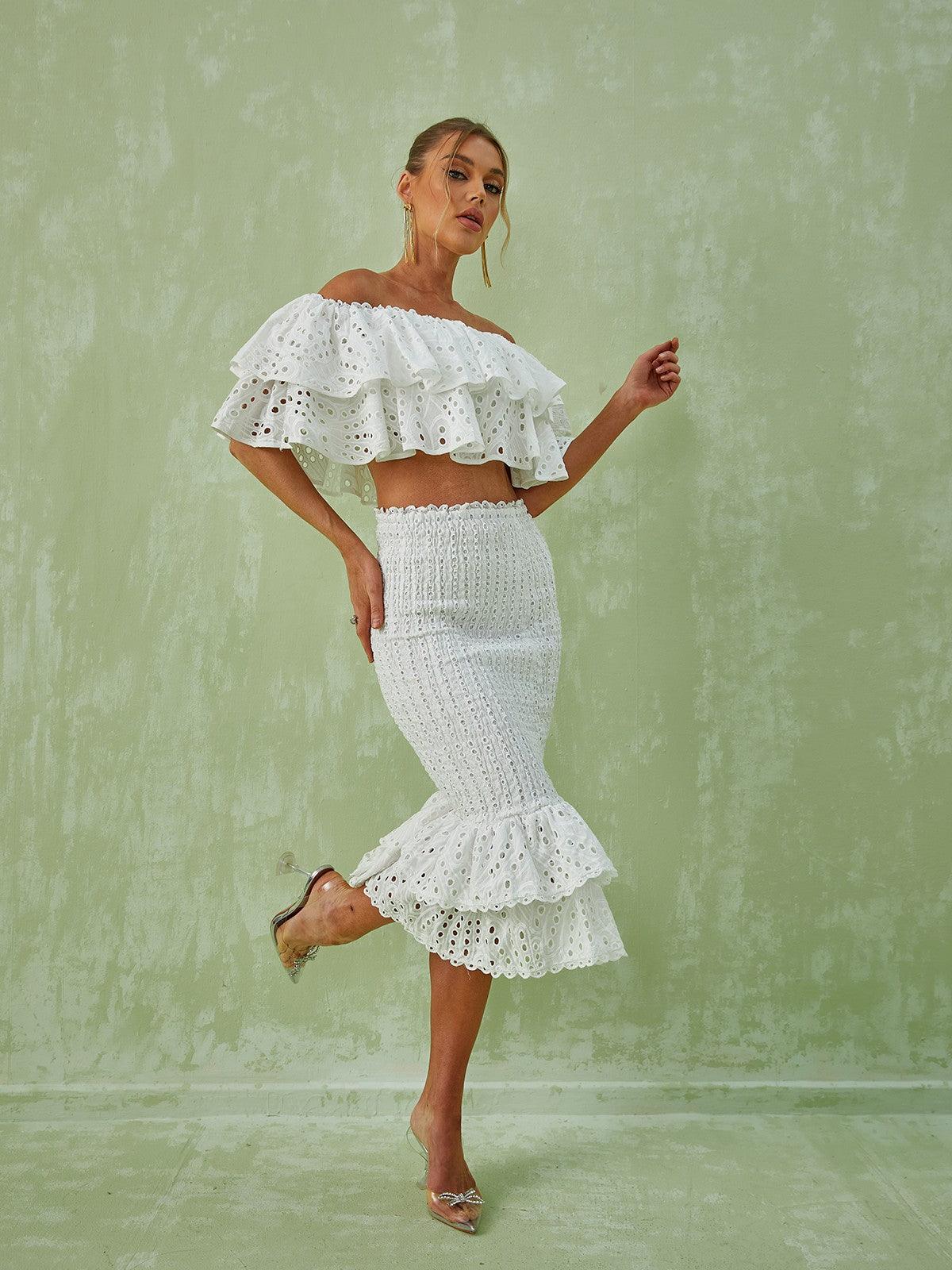 Wisteria Ruffle Off Shoulder Hollow Set In White - Mew Mews Fashion