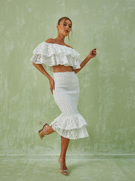 Wisteria Ruffle Off Shoulder Hollow Set In White - Mew Mews Fashion