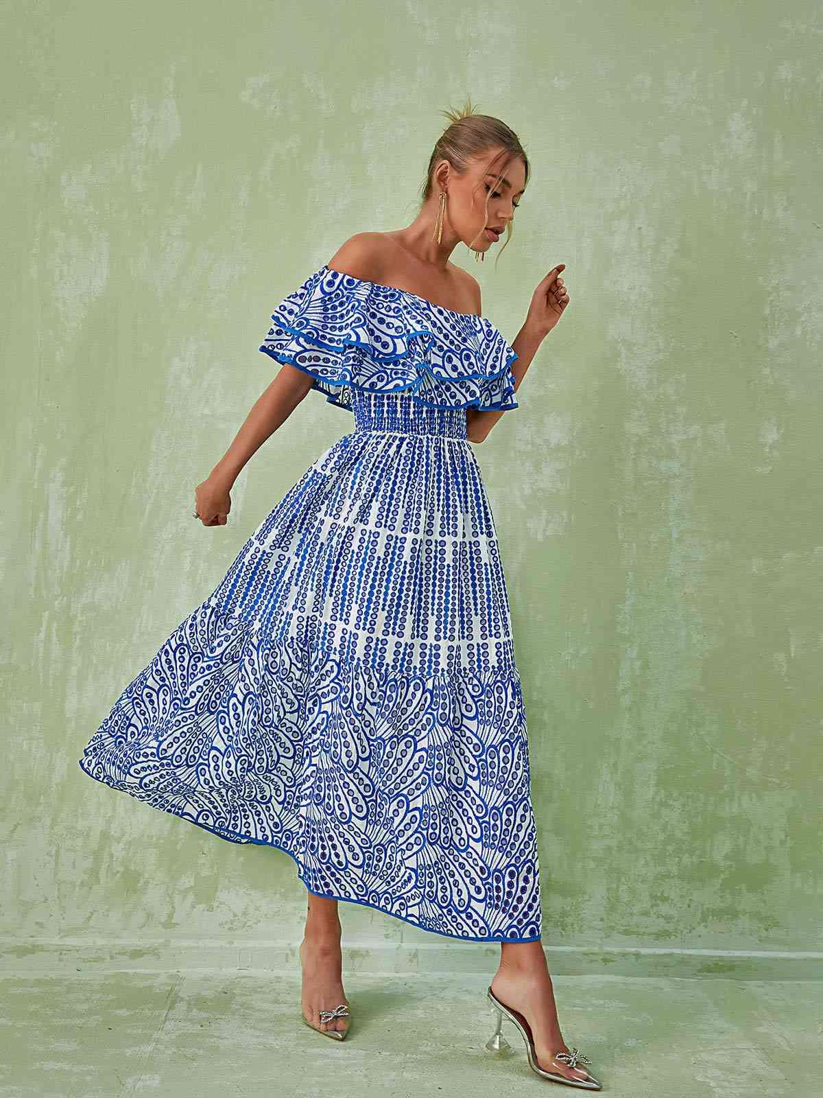 Soleil Off Shoulder Hollow Maxi Dress In Blue - Mew Mews Fashion