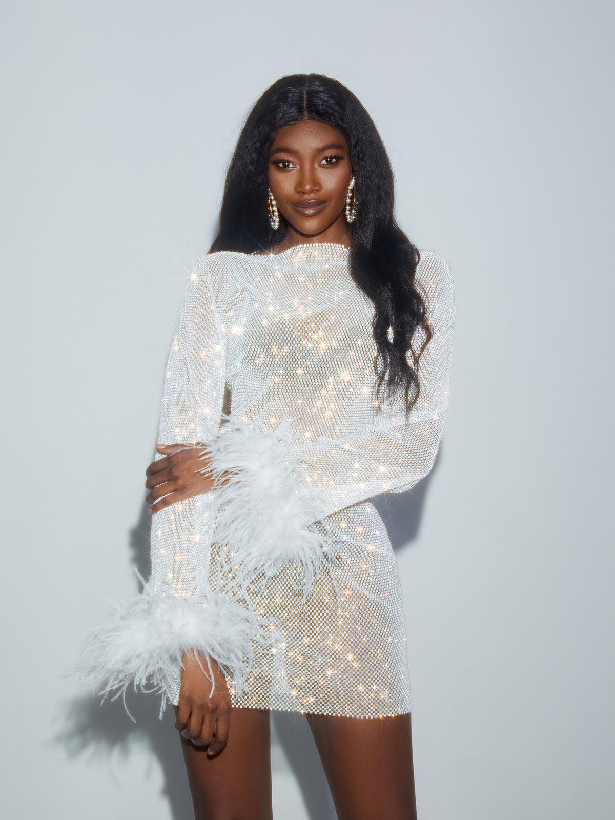Xanthe Rhinestone Mesh Mini Dress In White - Mew Mews Fashion