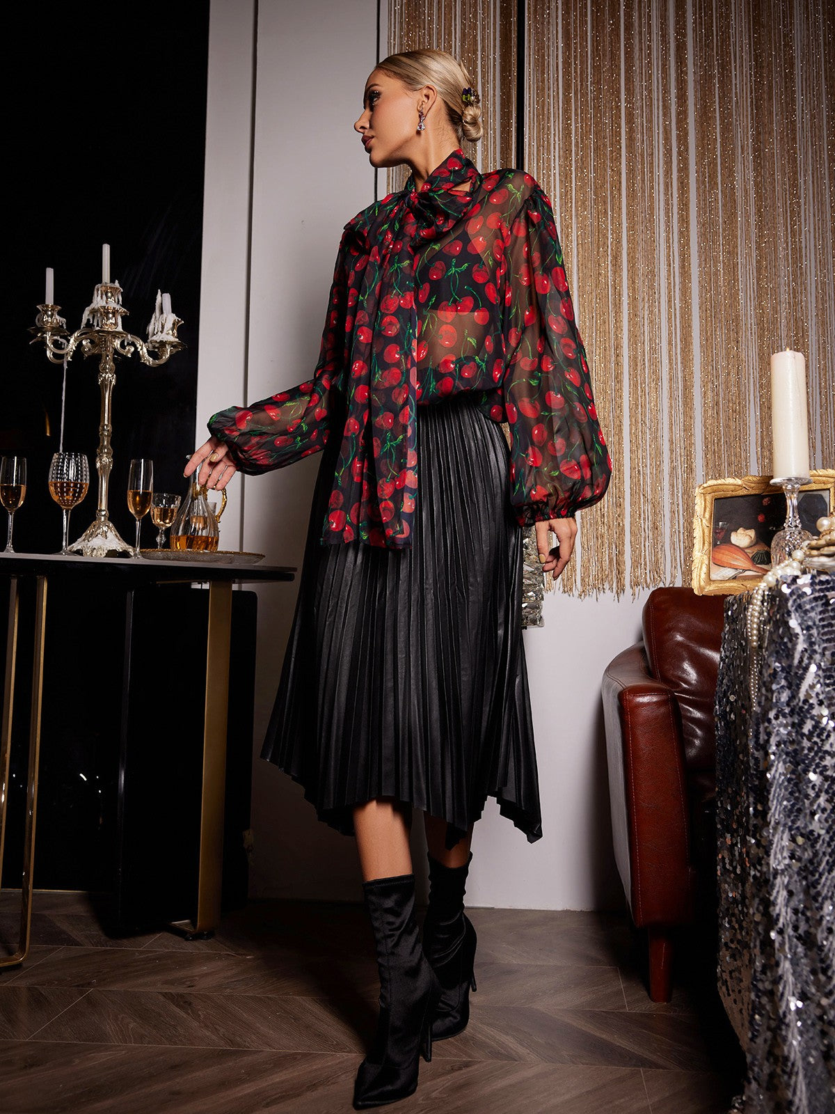 Ynes Cherry Printed See Through Blouse