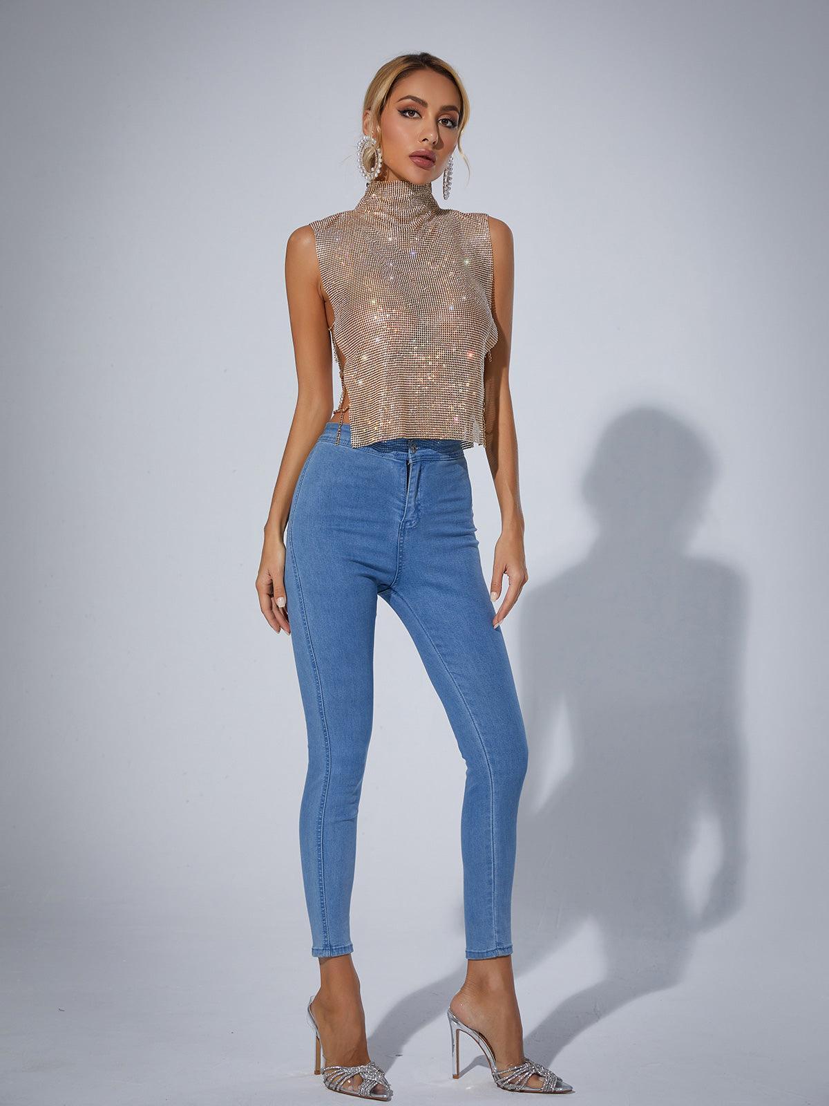 Marilyn Split Chain Chainmail Top In Gold - Mew Mews Fashion