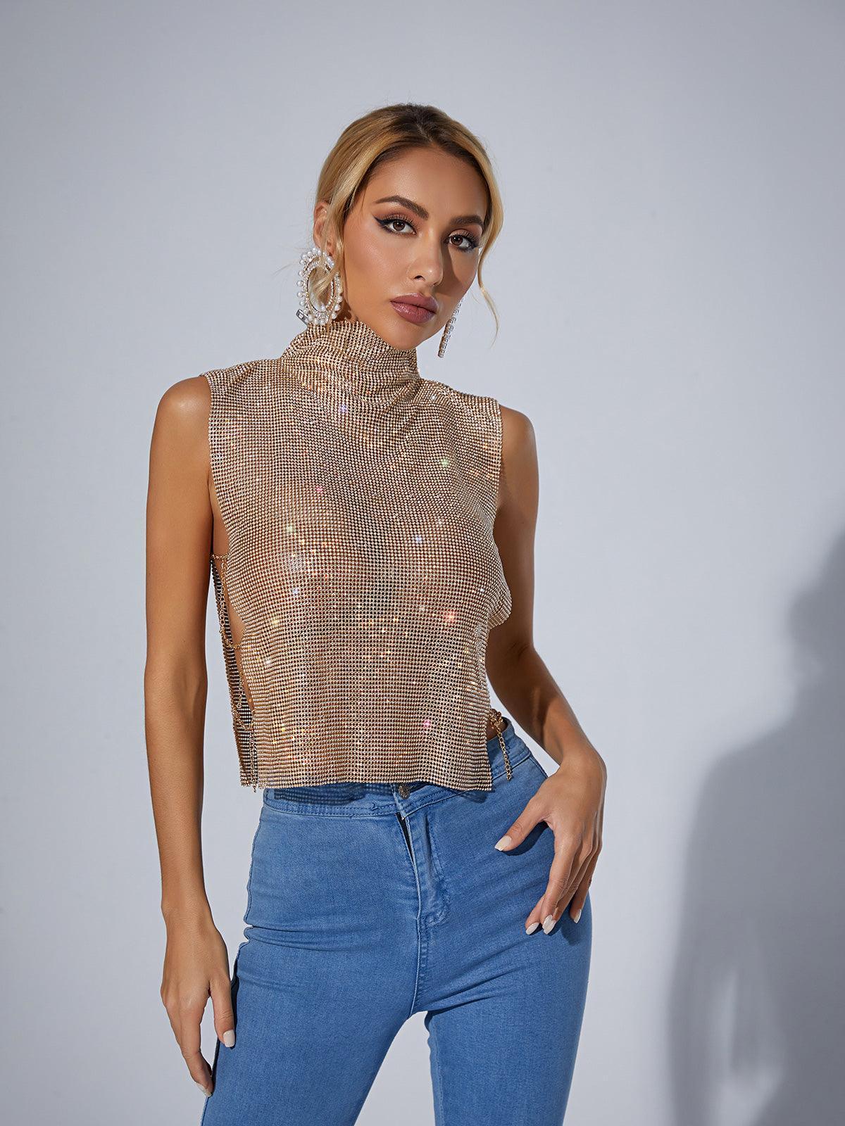 Marilyn Split Chain Chainmail Top In Gold - Mew Mews Fashion