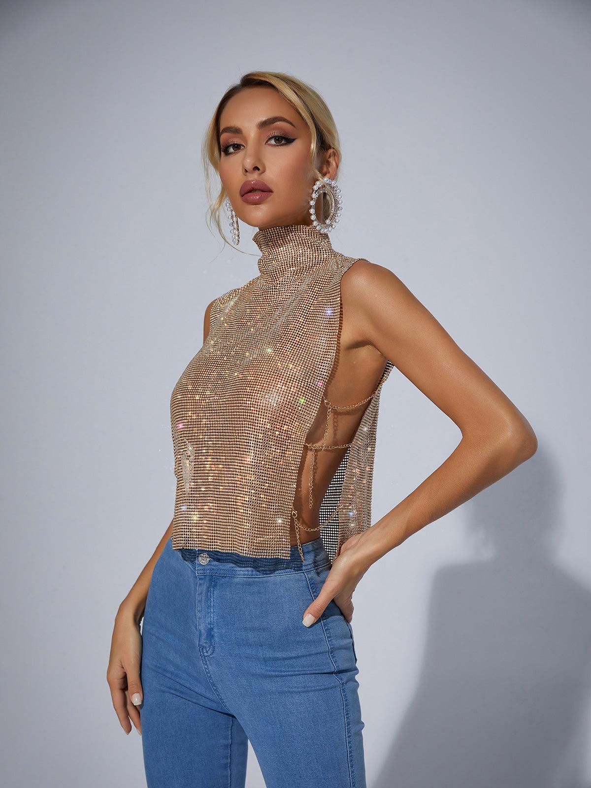 Marilyn Split Chain Chainmail Top In Gold - Mew Mews Fashion