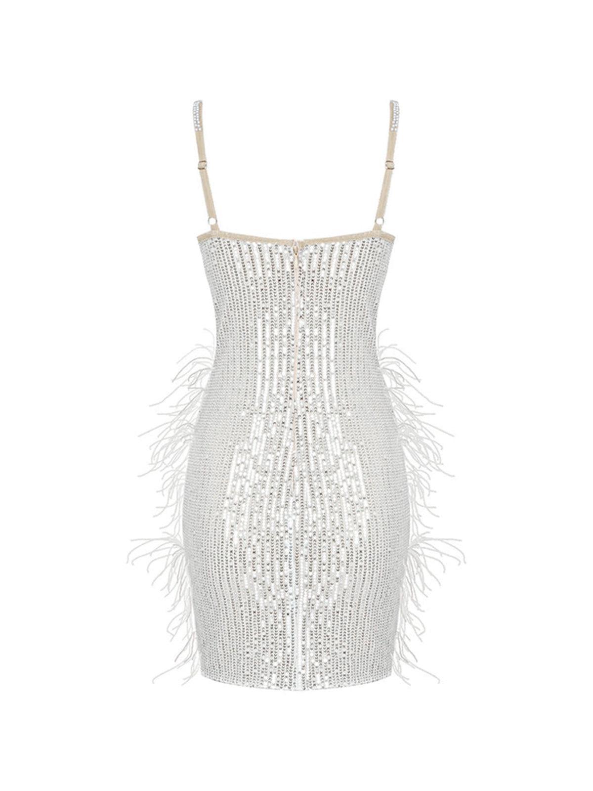 Bronte Pearl Sequin Feather Mini Dress - Mew Mews Fashion